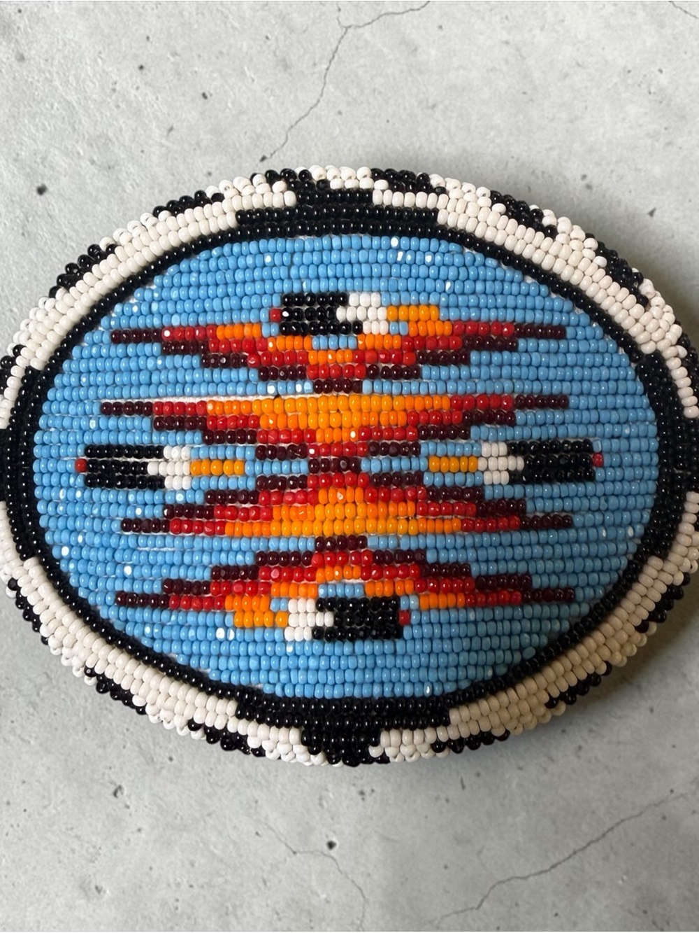 Handmade Beaded Oval Native American Belt Buckle w/ Smoked Hide